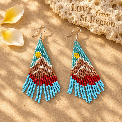 Blue and Yellow Mountain Sun Beaded Drop Earrings, drop earrings for women, vintage-inspired design, lifestyle look