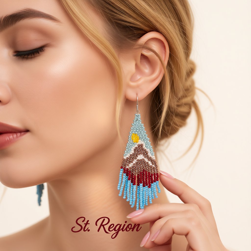 Blue and Yellow Mountain Sun Beaded Drop Earrings, drop earrings for women, vintage-inspired design, styled look