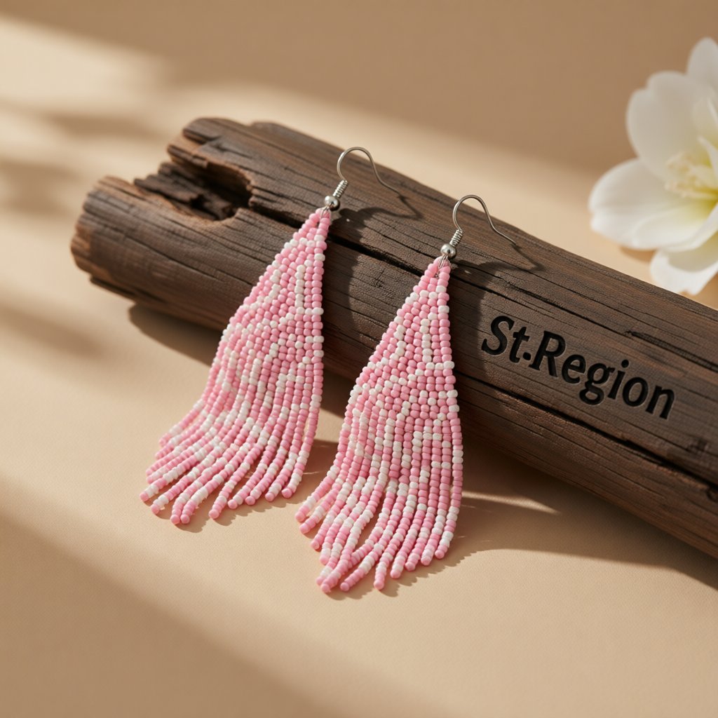 Pink Howlite and Silver-Plated Bead Tassel Drop Earrings, silver drop earrings for women, everyday style, front view