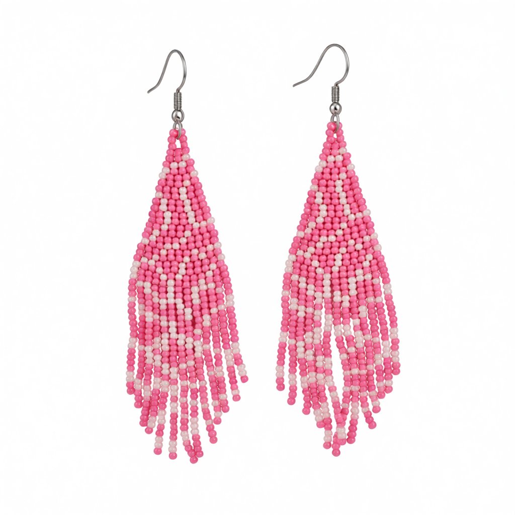 Pink Howlite and Silver-Plated Bead Tassel Drop Earrings, silver drop earrings for women, everyday style, side view