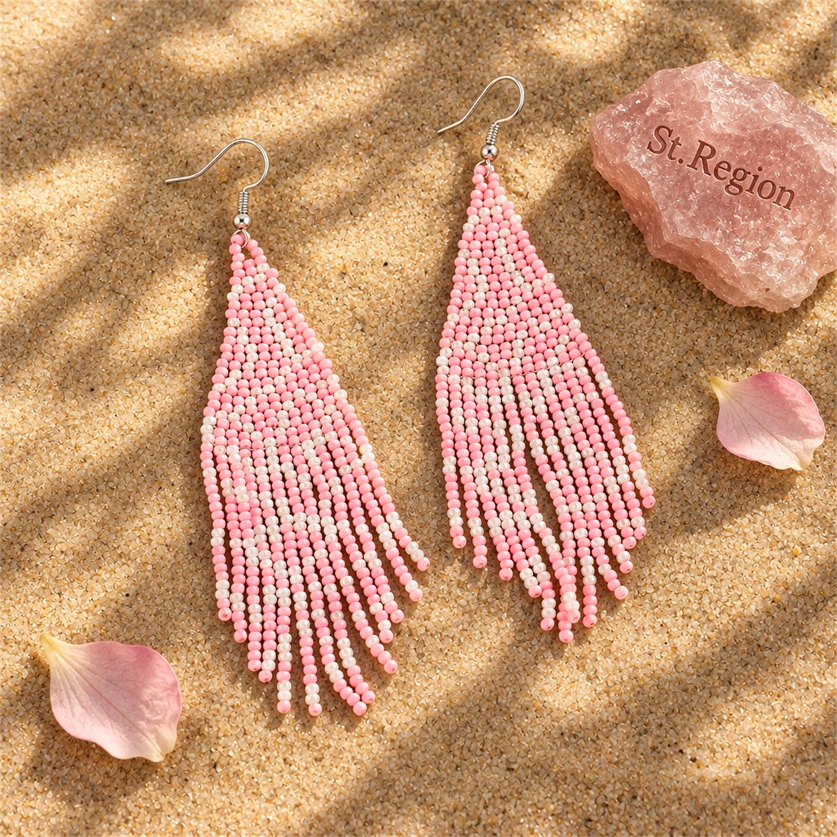 Pink Howlite and Silver-Plated Bead Tassel Drop Earrings, silver drop earrings for women, everyday style, detail close-up