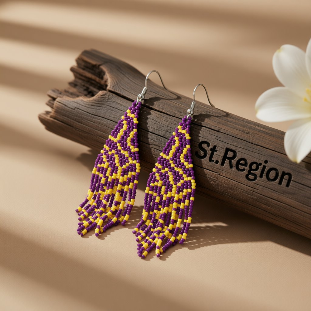 Purple Wave Beaded Drop Earrings, drop earrings for women, dainty minimalist design, front view