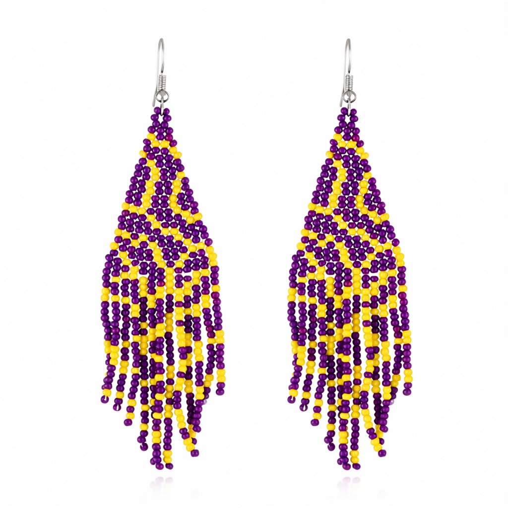Purple Wave Beaded Drop Earrings, drop earrings for women, dainty minimalist design, side view