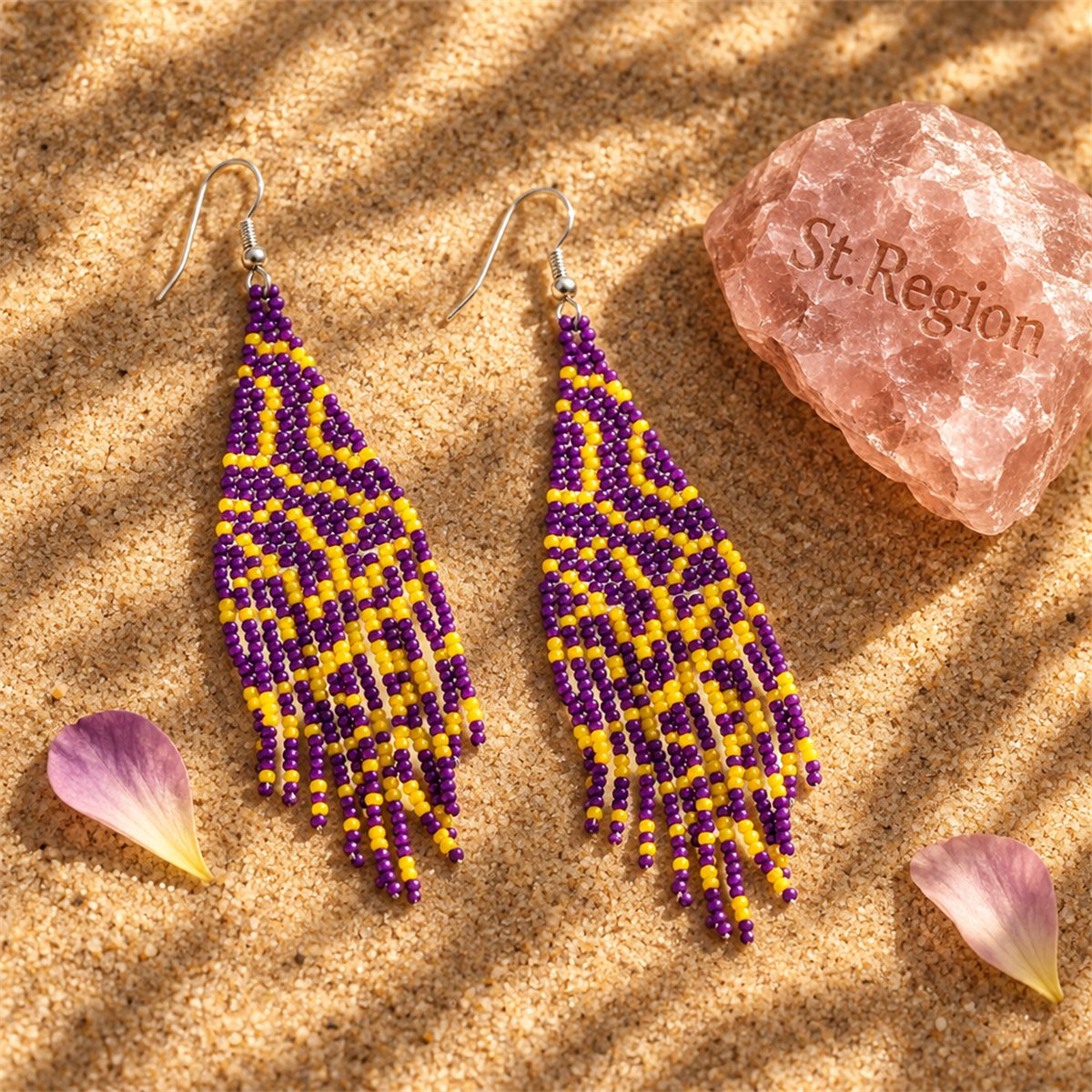 Purple Wave Beaded Drop Earrings, drop earrings for women, dainty minimalist design, detail close-up