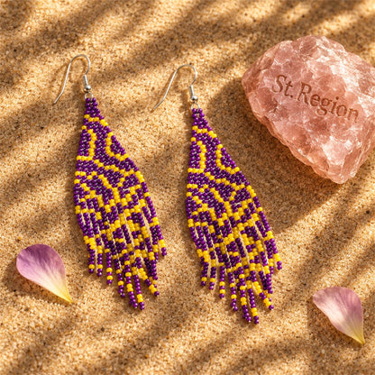 Purple Wave Beaded Drop Earrings, drop earrings for women, dainty minimalist design, detail close-up
