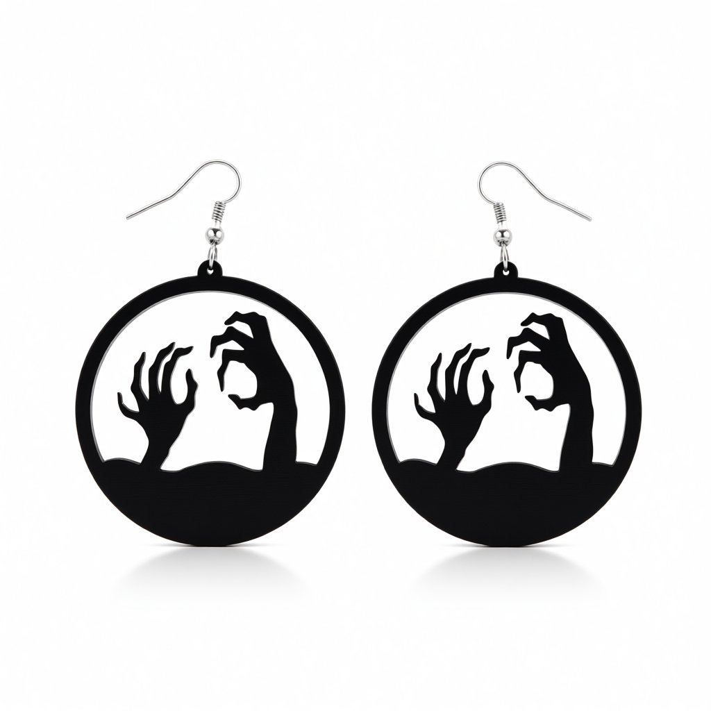 Black Acrylic Corpse Hand Drop Earrings, drop earrings for women, elegant gift for her, side view