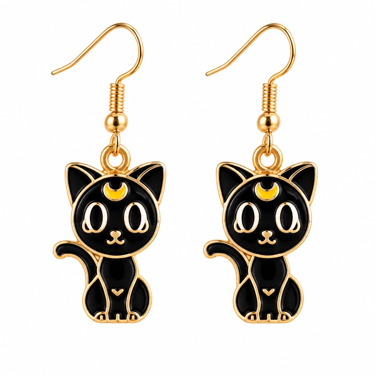 Black Enamel and 18K Gold-Plated Cat Drop Earrings, gold drop earrings for women, dainty minimalist design, side view