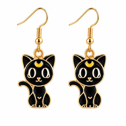 Black Enamel and 18K Gold-Plated Cat Drop Earrings, gold drop earrings for women, dainty minimalist design, side view