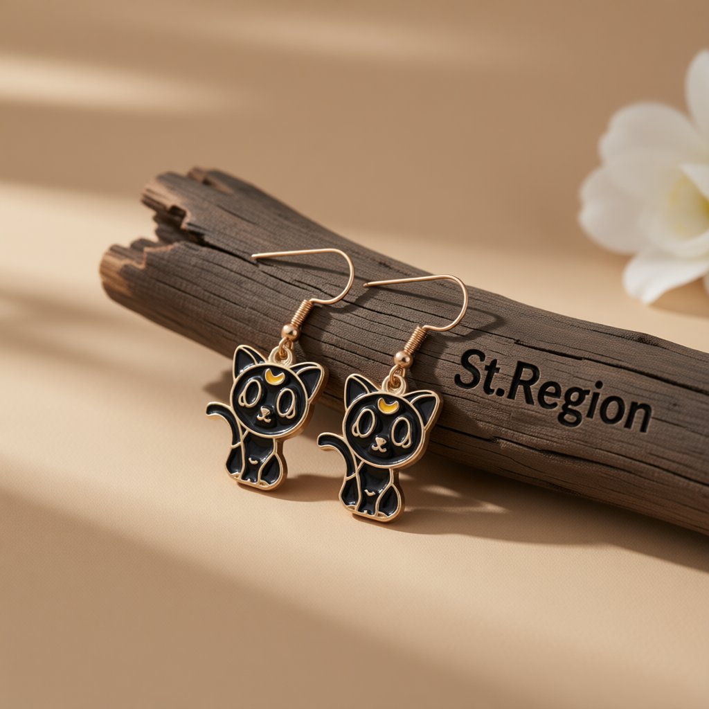 Black Enamel and 18K Gold-Plated Cat Drop Earrings, gold drop earrings for women, dainty minimalist design, front view