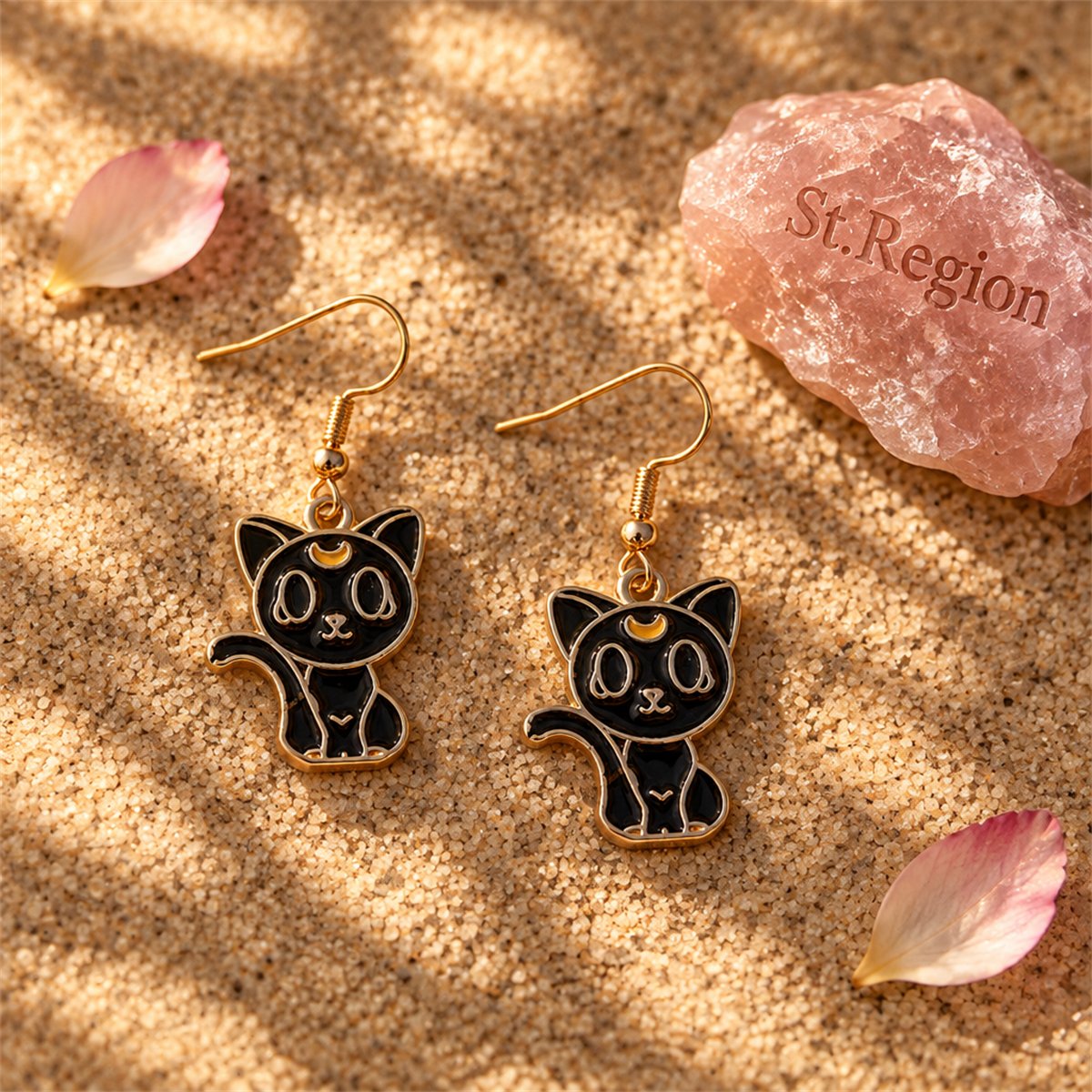 Black Enamel and 18K Gold-Plated Cat Drop Earrings, gold drop earrings for women, dainty minimalist design, detail close-up