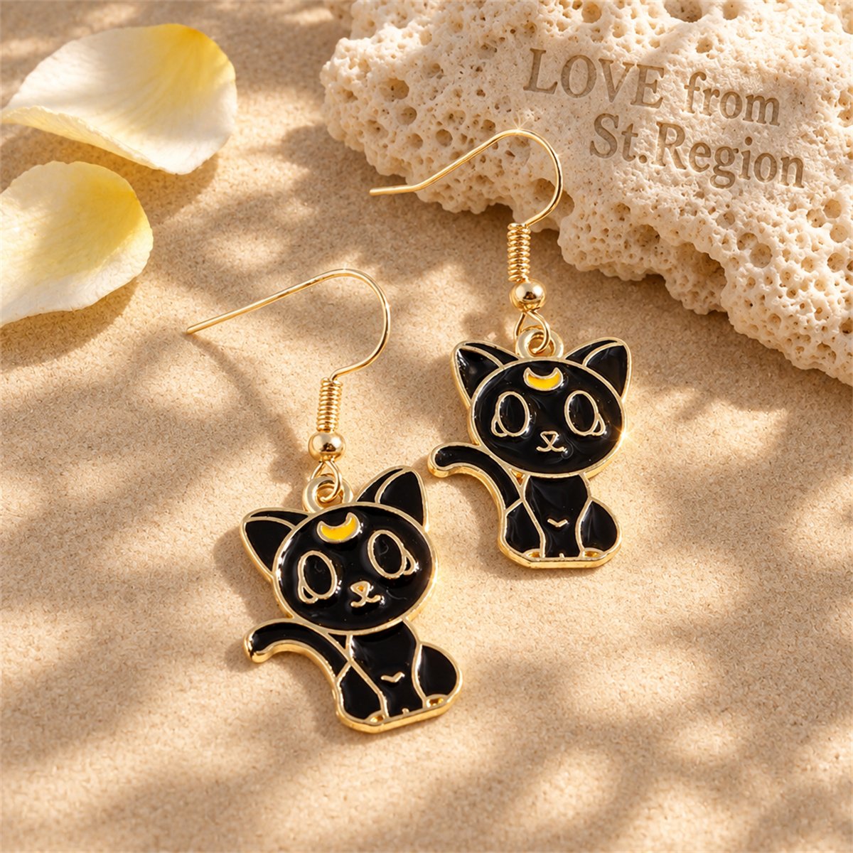 Black Enamel and 18K Gold-Plated Cat Drop Earrings, gold drop earrings for women, dainty minimalist design, lifestyle look