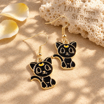 Black Enamel and 18K Gold-Plated Cat Drop Earrings, gold drop earrings for women, dainty minimalist design, lifestyle look