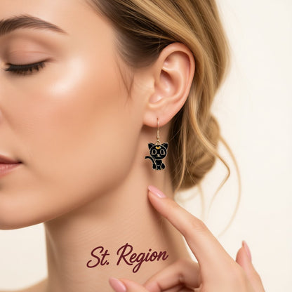 Black Enamel and 18K Gold-Plated Cat Drop Earrings, gold drop earrings for women, dainty minimalist design, styled look