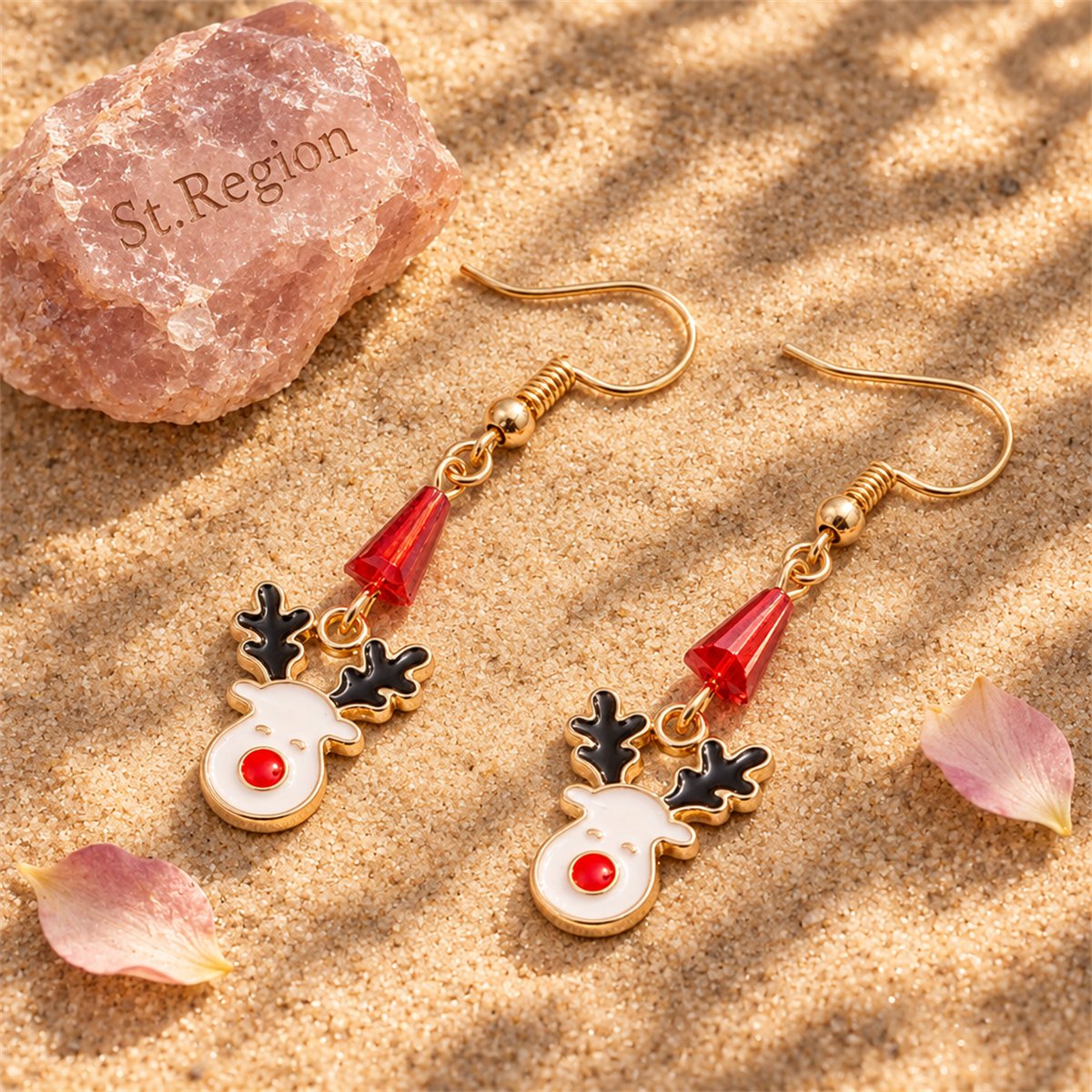 White Enamel and Acrylic 18K Gold-Plated Reindeer Face Drop Earring, gold drop earrings for women, detail close-up