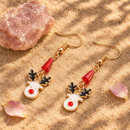 White Enamel and Acrylic 18K Gold-Plated Reindeer Face Drop Earring, gold drop earrings for women, detail close-up