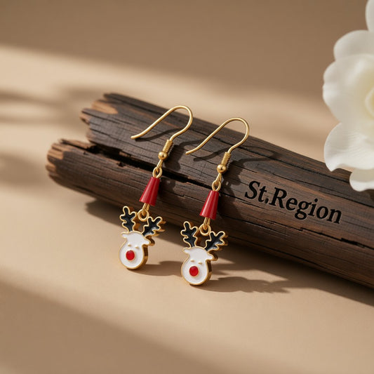 White Enamel and Acrylic 18K Gold-Plated Reindeer Face Drop Earring, gold drop earrings for women, front view