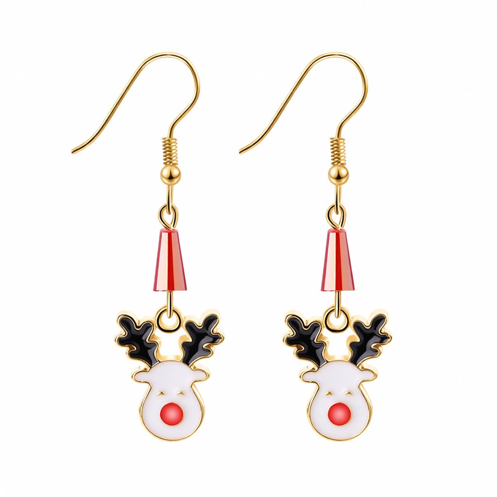 White Enamel and Acrylic 18K Gold-Plated Reindeer Face Drop Earring, gold drop earrings for women, side view