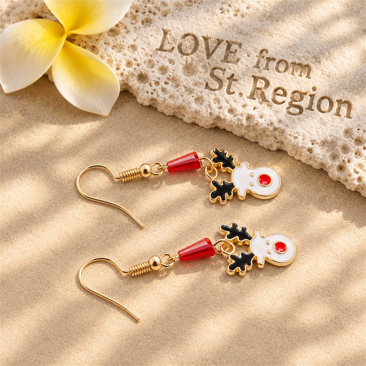 White Enamel and Acrylic 18K Gold-Plated Reindeer Face Drop Earring, gold drop earrings for women, lifestyle look