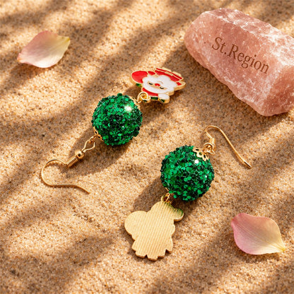 Red and Green 18K Gold-Plated Sequin Santa Claus Drop Earrings, gold drop earrings for women, everyday style, detail close-up