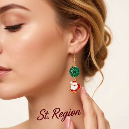 Red and Green 18K Gold-Plated Sequin Santa Claus Drop Earrings, gold drop earrings for women, everyday style, styled look