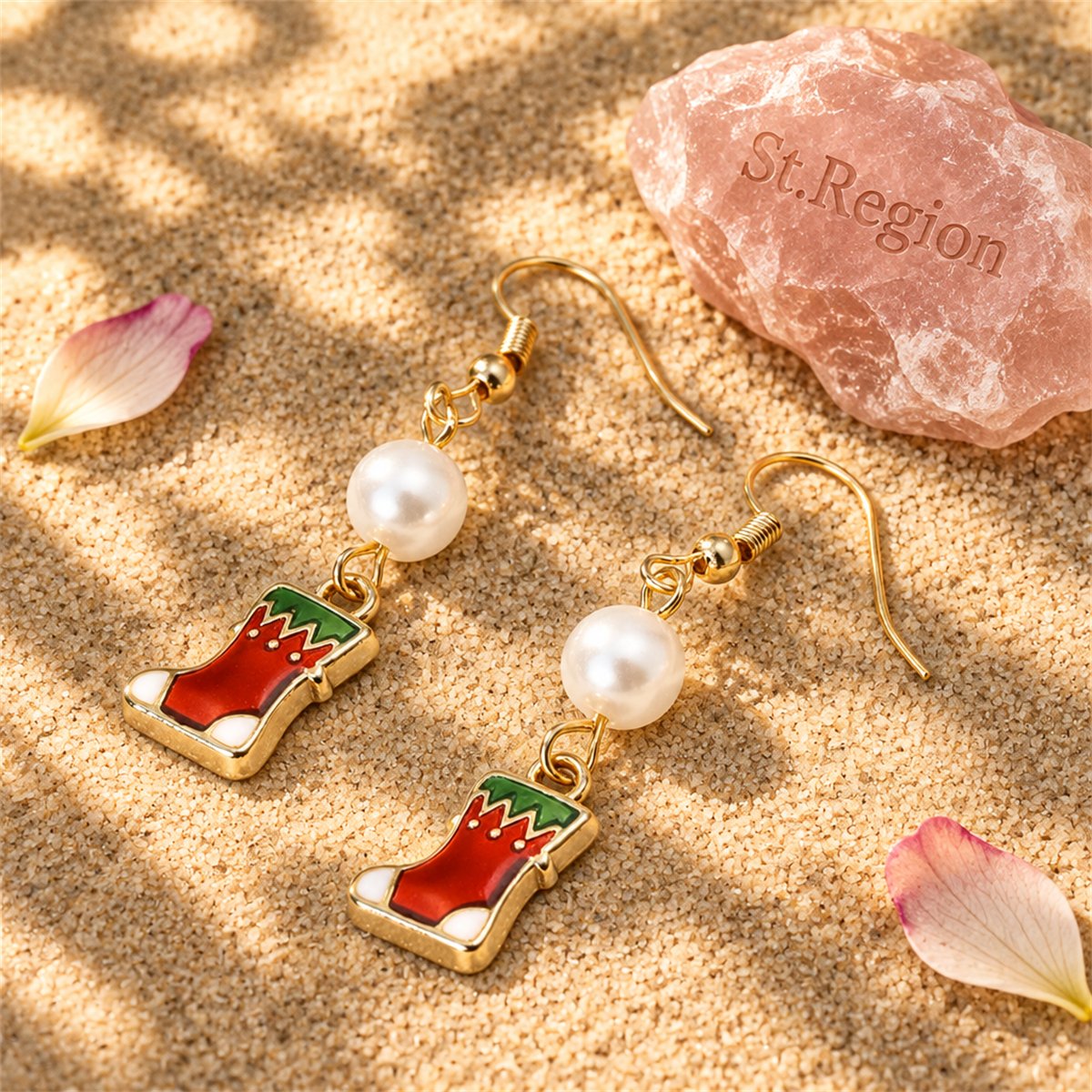 Red Enamel and Pearl Stocking Drop Earrings, drop earrings for women, botanical inspired, detail close-up