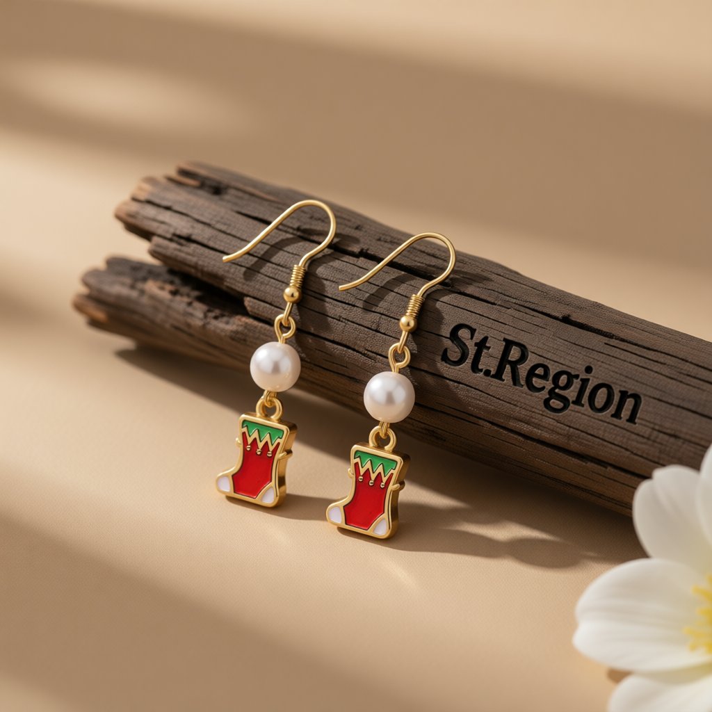 Red Enamel and Pearl Stocking Drop Earrings, drop earrings for women, botanical inspired, front view