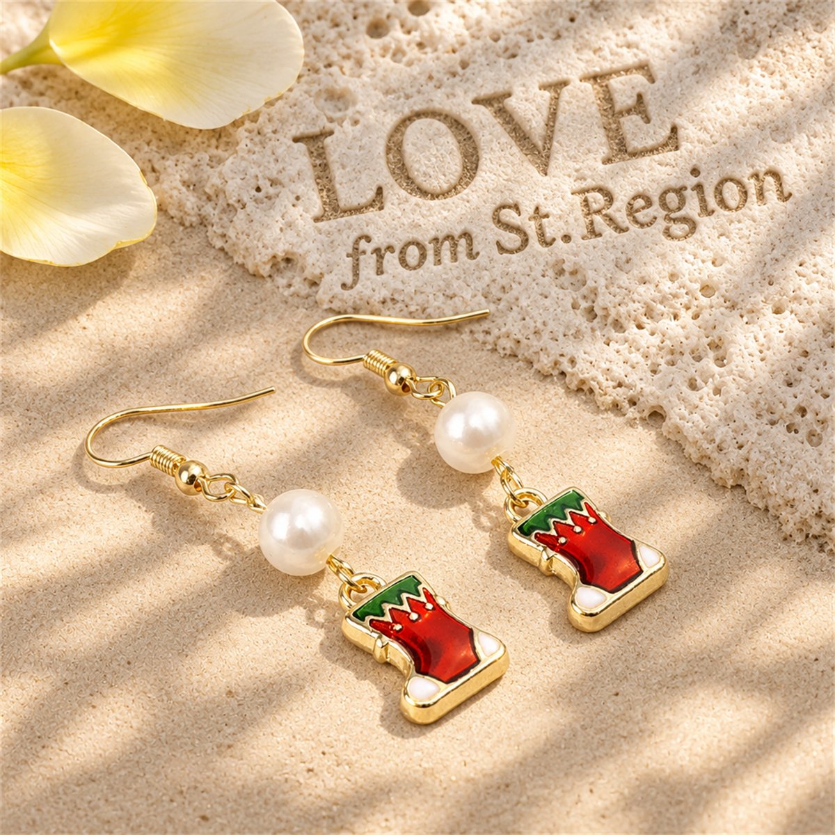 Red Enamel and Pearl Stocking Drop Earrings, drop earrings for women, botanical inspired, lifestyle look