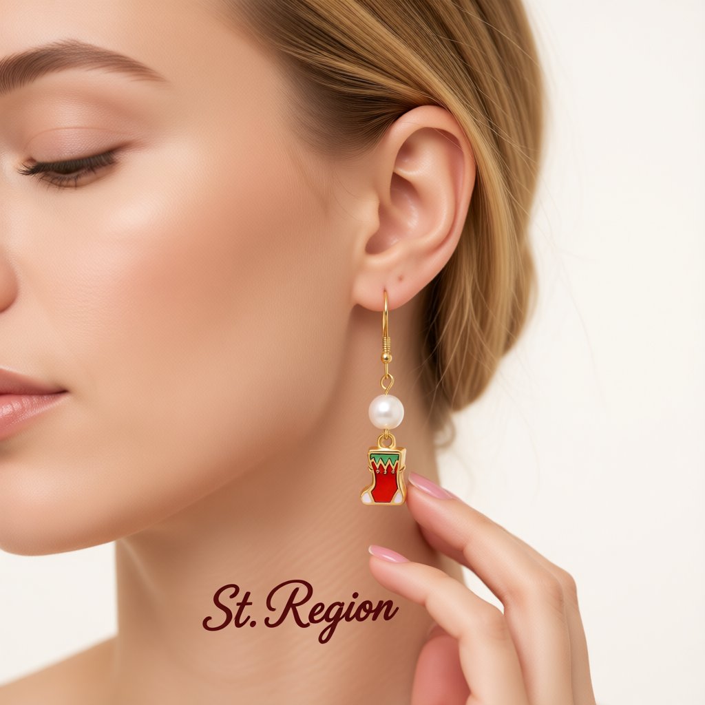 Red Enamel and Pearl Stocking Drop Earrings, drop earrings for women, botanical inspired, styled look