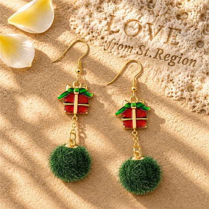 Green Pom-Pom and Red Enamel Gift Drop Earrings, drop earrings for women, botanical inspired, lifestyle look
