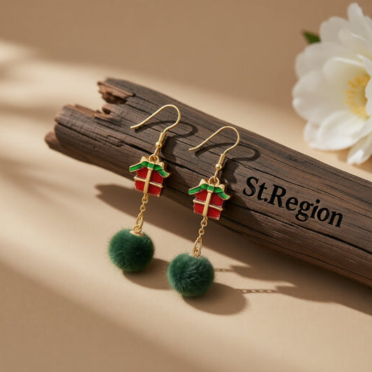Green Pom-Pom and Red Enamel Gift Drop Earrings, drop earrings for women, botanical inspired, front view