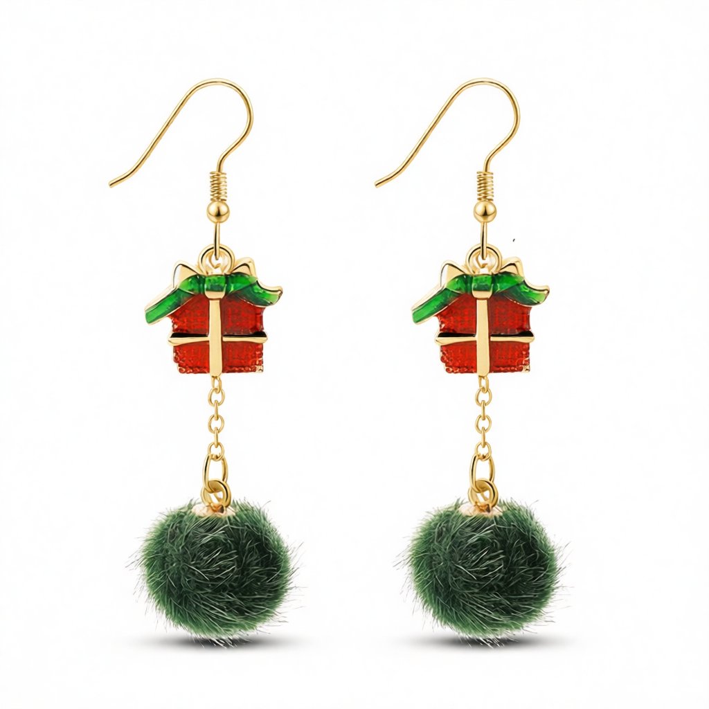 Green Pom-Pom and Red Enamel Gift Drop Earrings, drop earrings for women, botanical inspired, side view