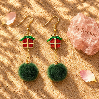 Green Pom-Pom and Red Enamel Gift Drop Earrings, drop earrings for women, botanical inspired, detail close-up