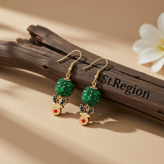 Green Enamel and Acrylic 18K Gold-Plated Ball Reindeer Drop Earrings, gold drop earrings for women, front view