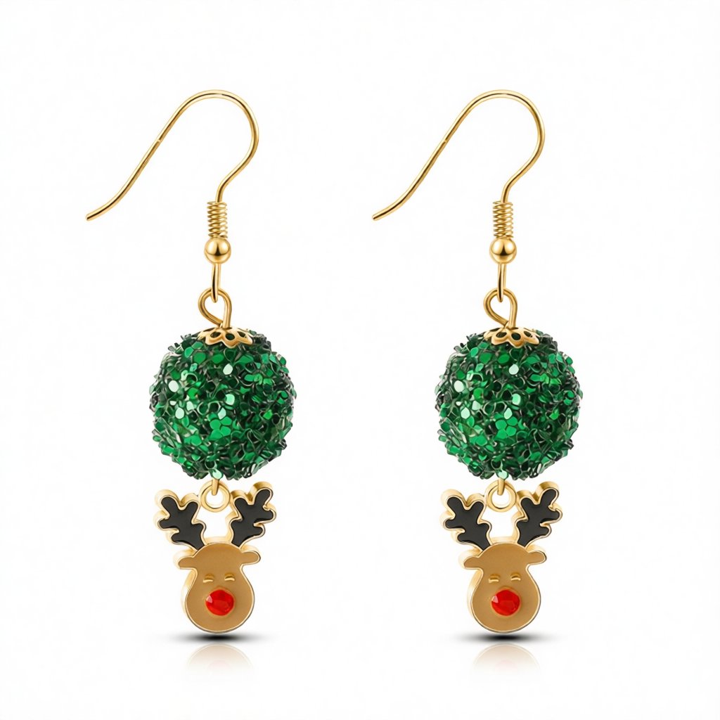 Green Enamel and Acrylic 18K Gold-Plated Ball Reindeer Drop Earrings, gold drop earrings for women, side view