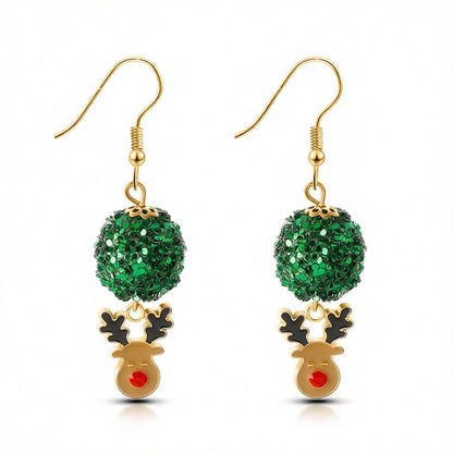 Green Enamel and Acrylic 18K Gold-Plated Ball Reindeer Drop Earrings, gold drop earrings for women, side view