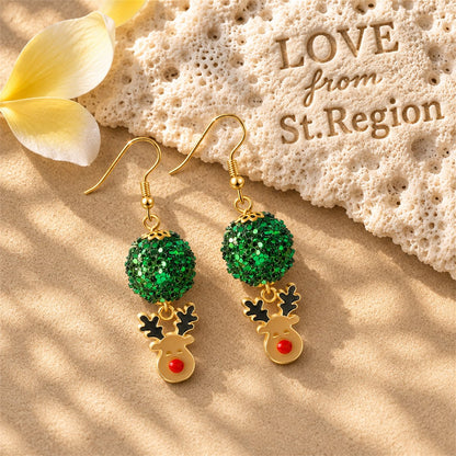 Green Enamel and Acrylic 18K Gold-Plated Ball Reindeer Drop Earrings, gold drop earrings for women, lifestyle look