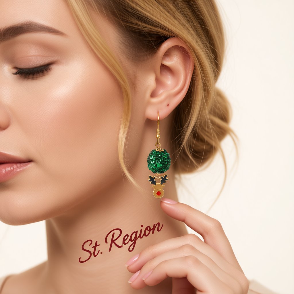 Green Enamel and Acrylic 18K Gold-Plated Ball Reindeer Drop Earrings, gold drop earrings for women, styled look