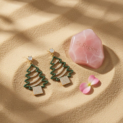 Cubic Zirconia and 18K Gold-Plated Openwork Christmas Tree Drop Earrings, gold drop earrings for women, detail close-up