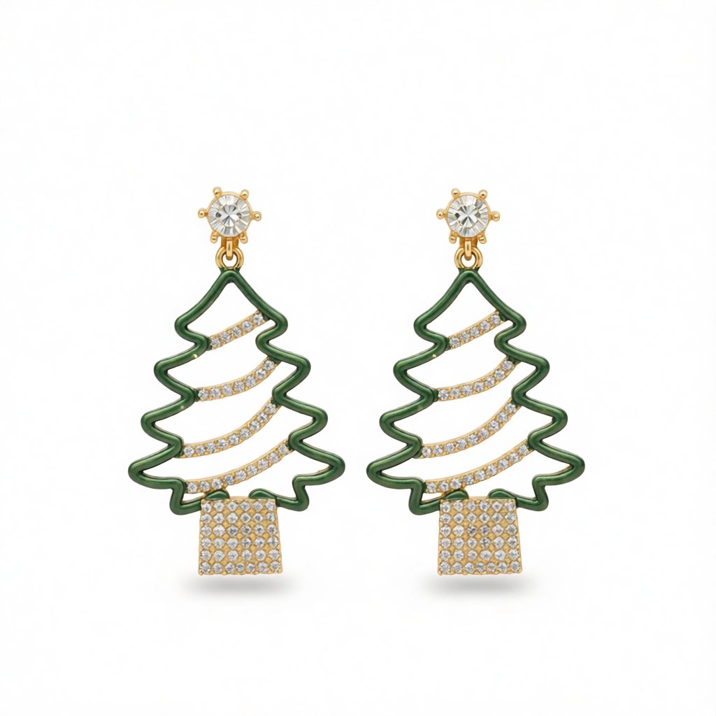 Cubic Zirconia and 18K Gold-Plated Openwork Christmas Tree Drop Earrings, gold drop earrings for women, side view