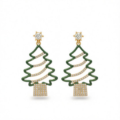 Cubic Zirconia and 18K Gold-Plated Openwork Christmas Tree Drop Earrings, gold drop earrings for women, side view