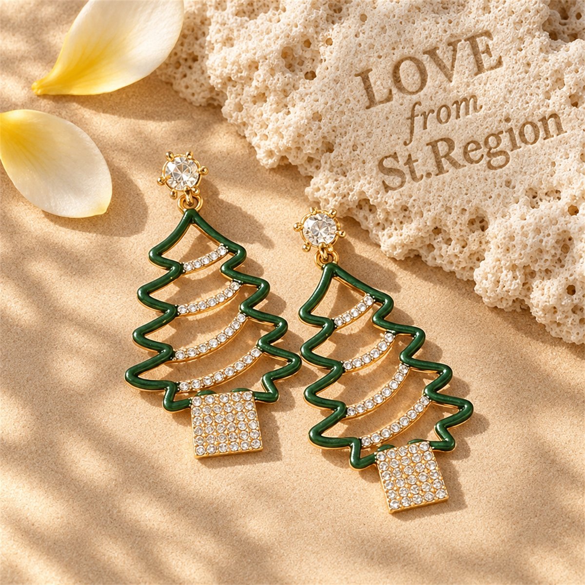 Cubic Zirconia and 18K Gold-Plated Openwork Christmas Tree Drop Earrings, gold drop earrings for women, lifestyle look