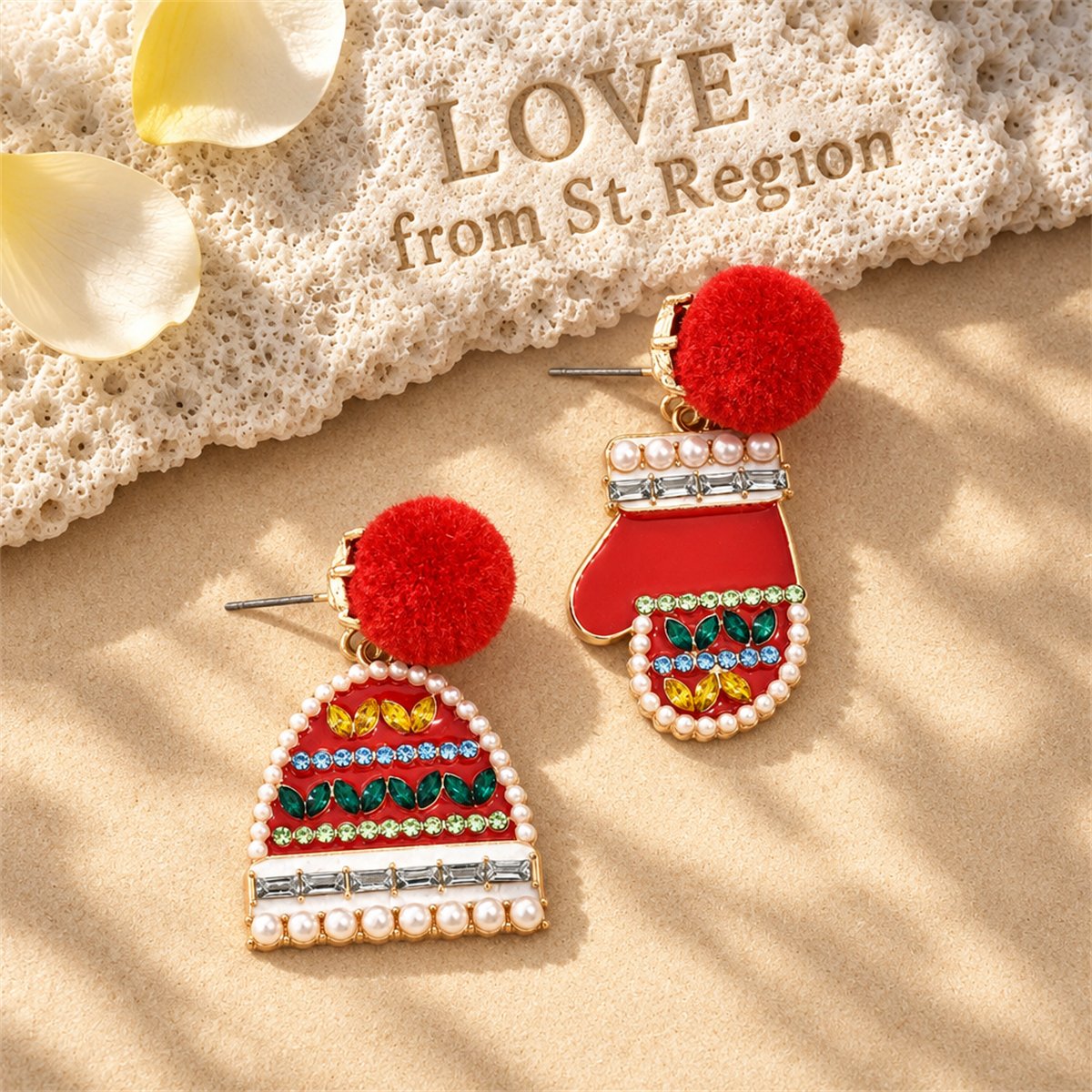 Red Cubic Zirconia and Pearl Hat and Mitten Drop Earrings, drop earrings for women, vintage-inspired design, lifestyle look