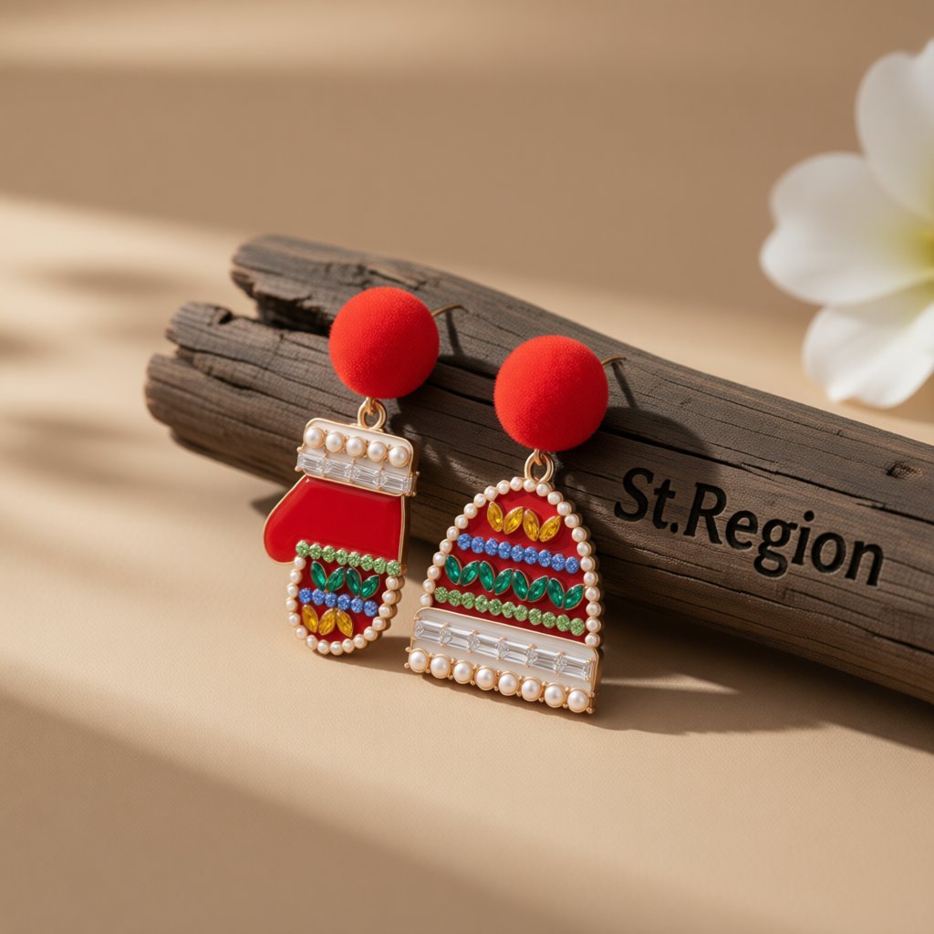 Red Cubic Zirconia and Pearl Hat and Mitten Drop Earrings, drop earrings for women, vintage-inspired design, front view