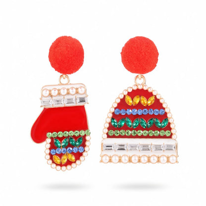 Red Cubic Zirconia and Pearl Hat and Mitten Drop Earrings, drop earrings for women, vintage-inspired design, side view