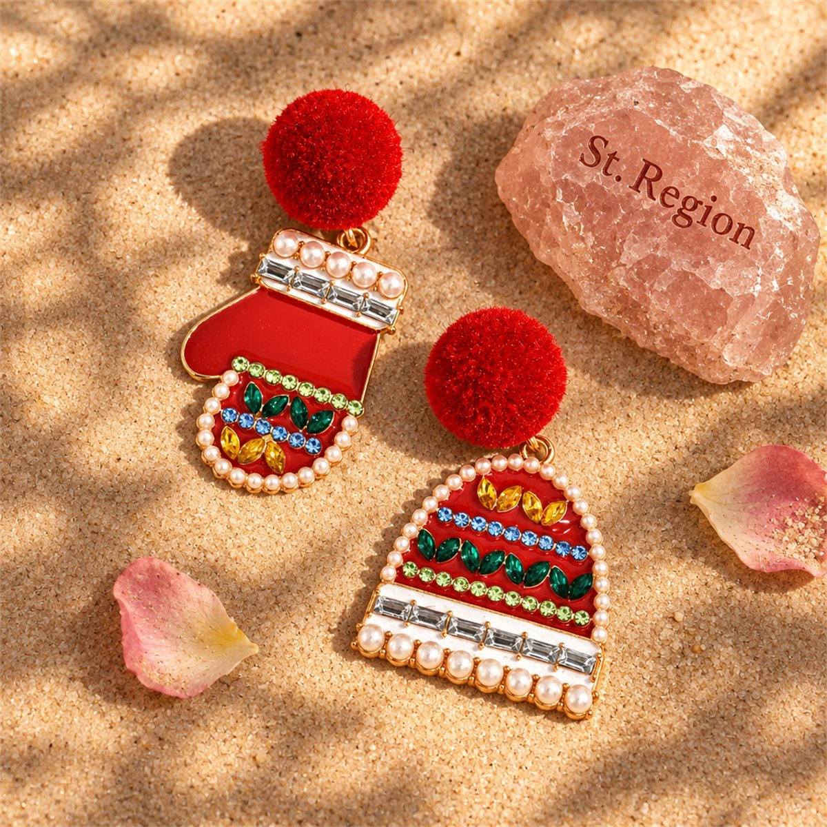 Red Cubic Zirconia and Pearl Hat and Mitten Drop Earrings, drop earrings for women, vintage-inspired design, detail close-up