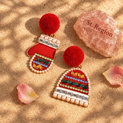 Red Cubic Zirconia and Pearl Hat and Mitten Drop Earrings, drop earrings for women, vintage-inspired design, detail close-up