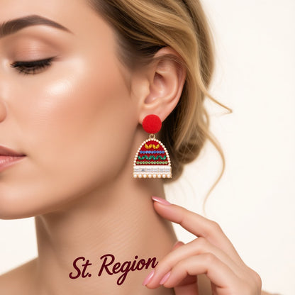 Red Cubic Zirconia and Pearl Hat and Mitten Drop Earrings, drop earrings for women, vintage-inspired design, styled look