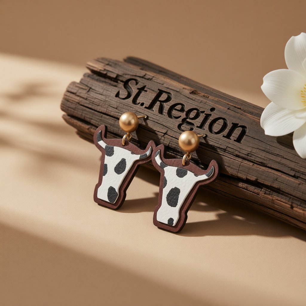 Black and White Polystyrene and Wood Cattle Drop Earrings, drop earrings for women, everyday style, front view