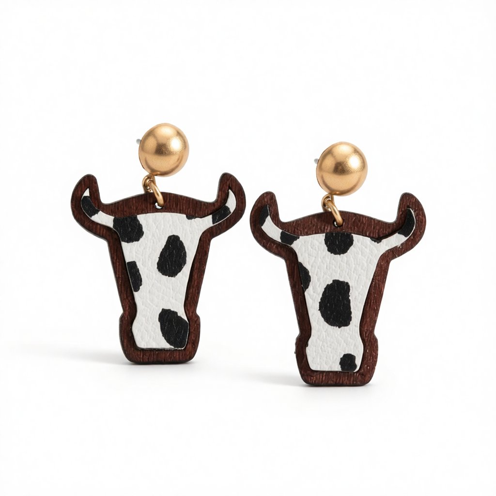 Black and White Polystyrene and Wood Cattle Drop Earrings, drop earrings for women, everyday style, side view