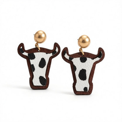 Black and White Polystyrene and Wood Cattle Drop Earrings, drop earrings for women, everyday style, side view